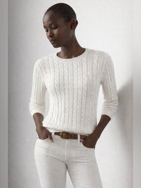Ralph Lauren White Cable-Knit Crewneck Sweater